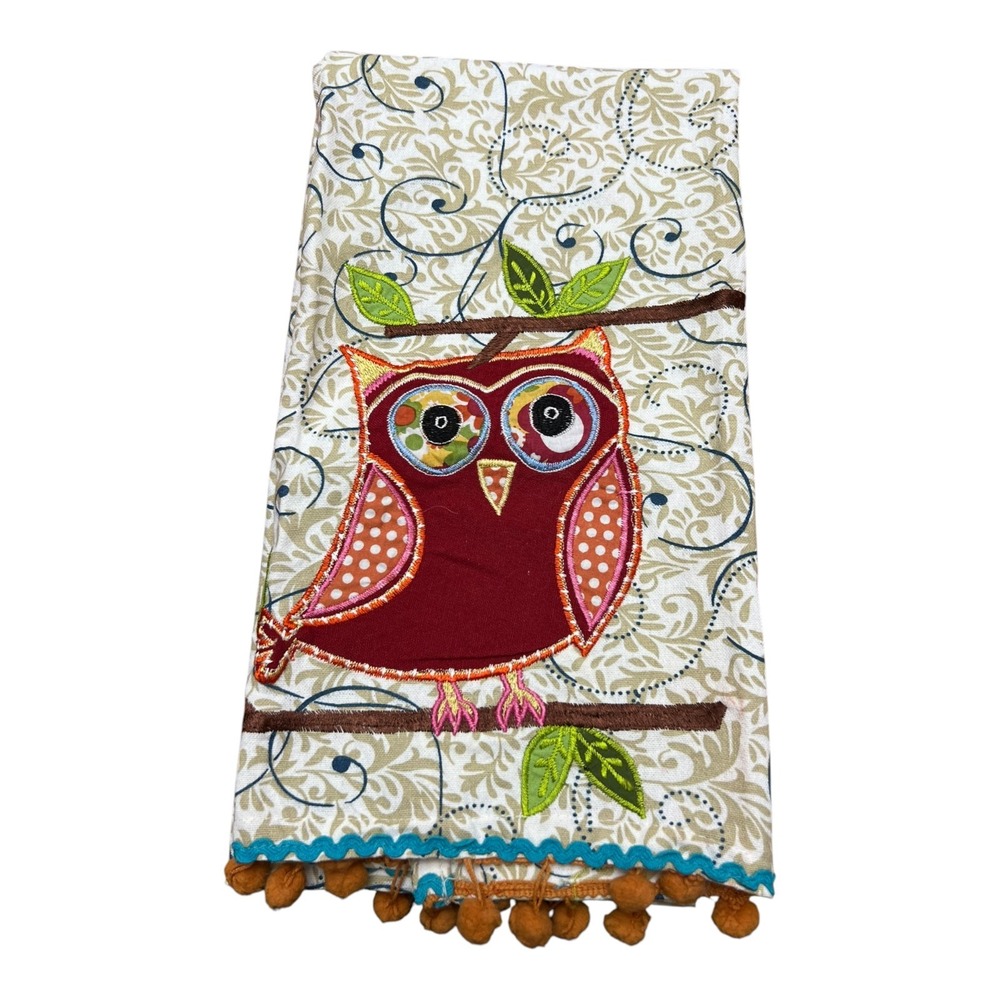 Artistic Accents Owl Tea Towel Kitchen Home Multicolor Very Good Applique PomPom